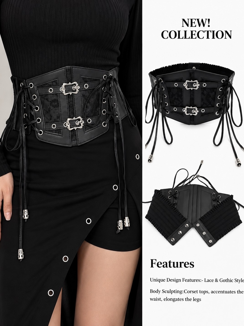 Black Gothic Lace-Up Corset Belt
